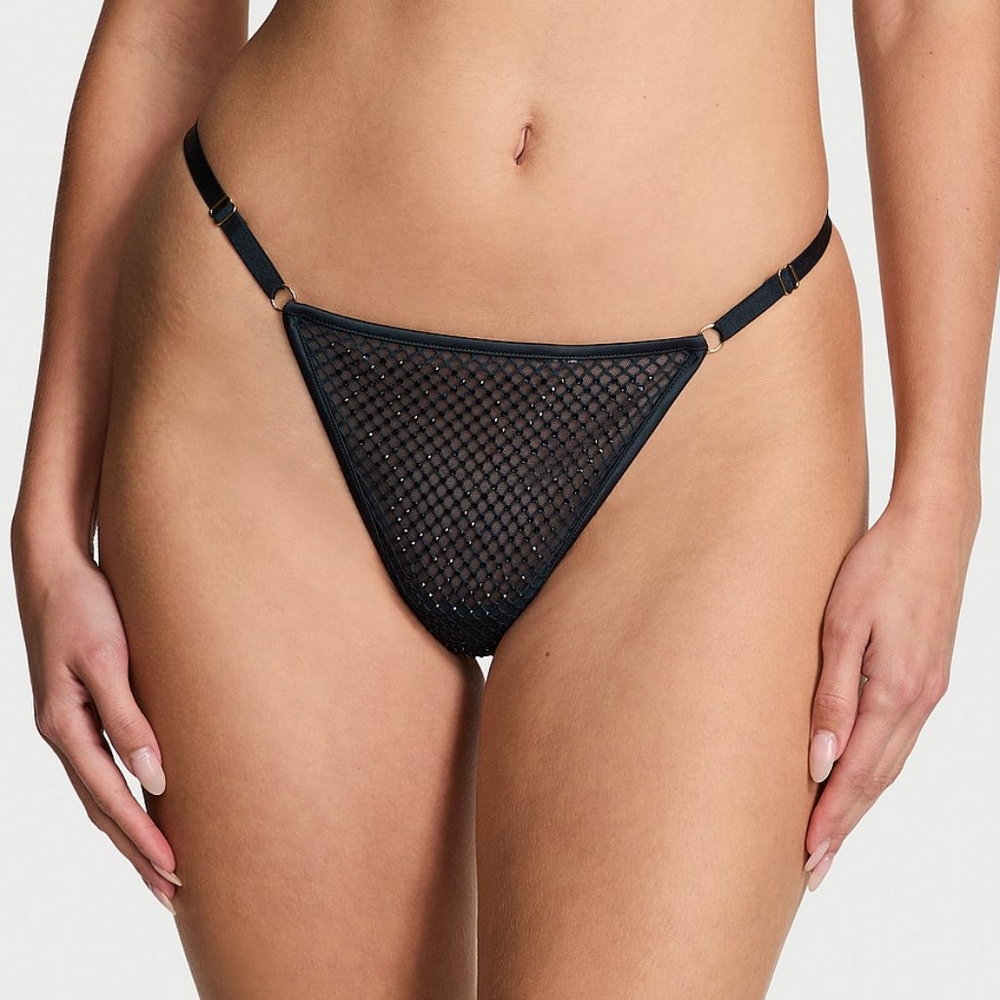 NWT Victoria’s Secret Ziggy Glam Shine Fishnet Crystal V-String Panty Navy‎ L